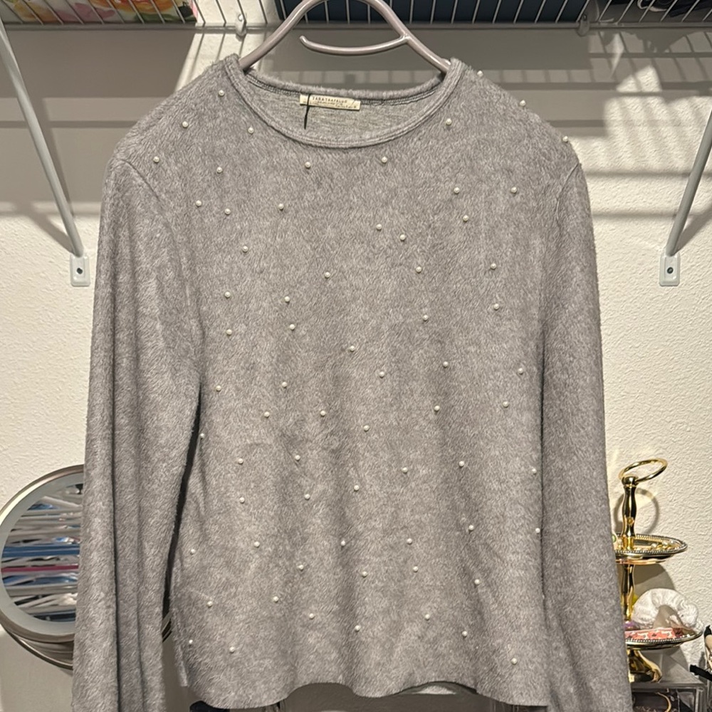 Zara Gray Pearl-Embellished Sweater Top